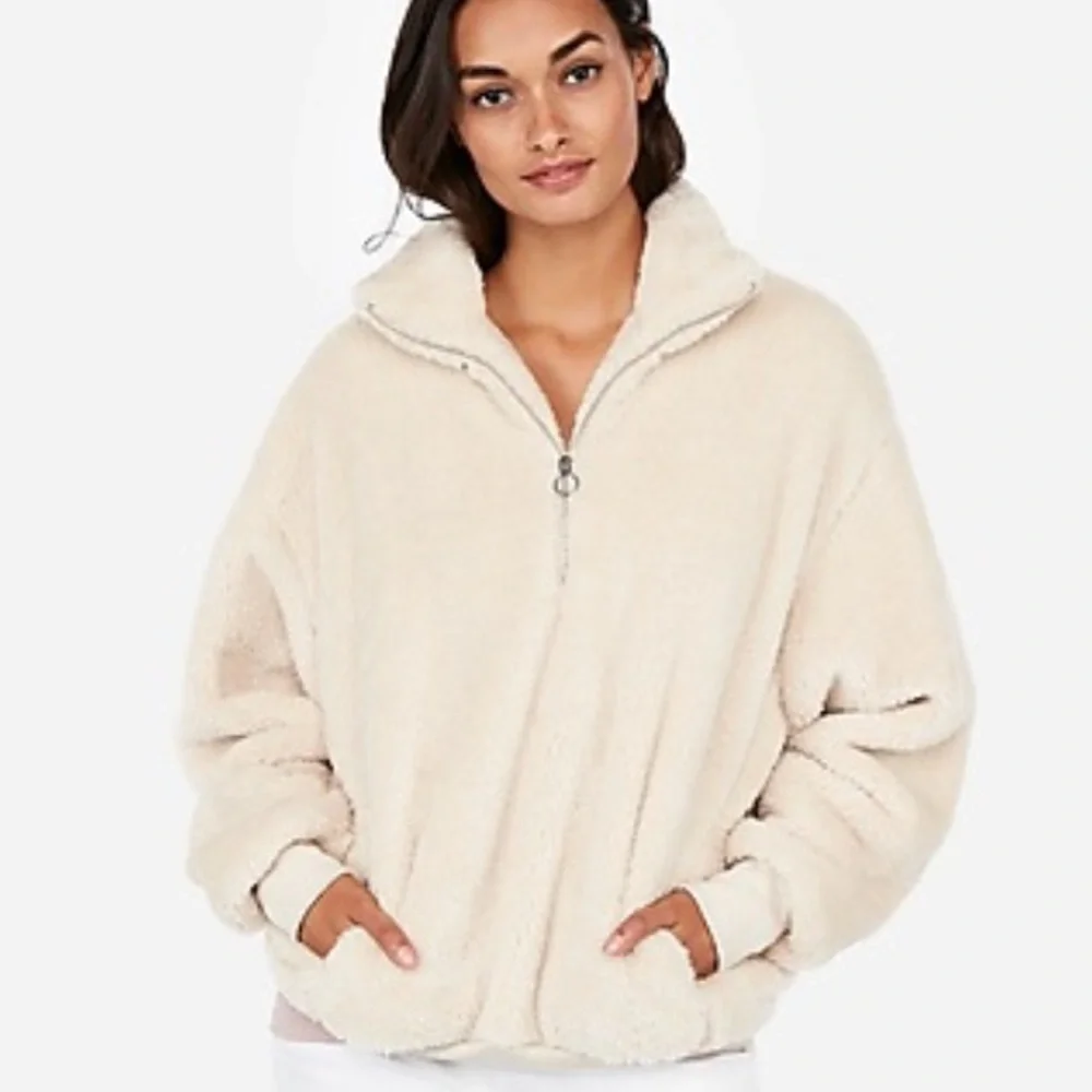 Express One Eleven Beige Sherpa Fuzzy Pullover - Picture 1 of 6